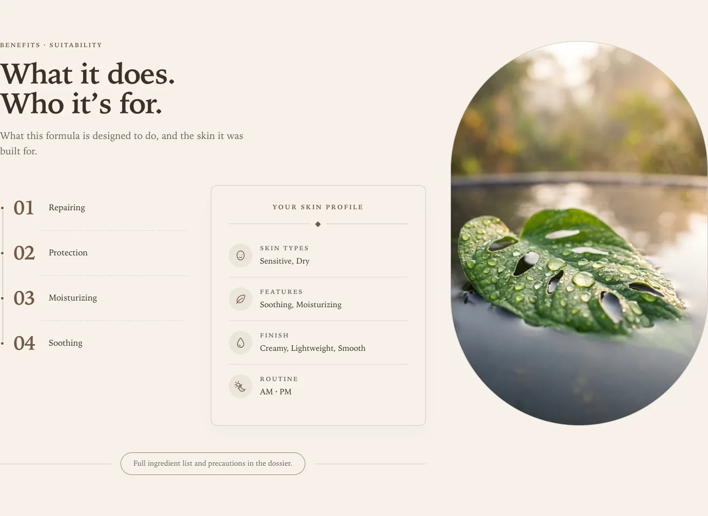 Benefits and suitability on desktop with the image on the right in a capsule shape