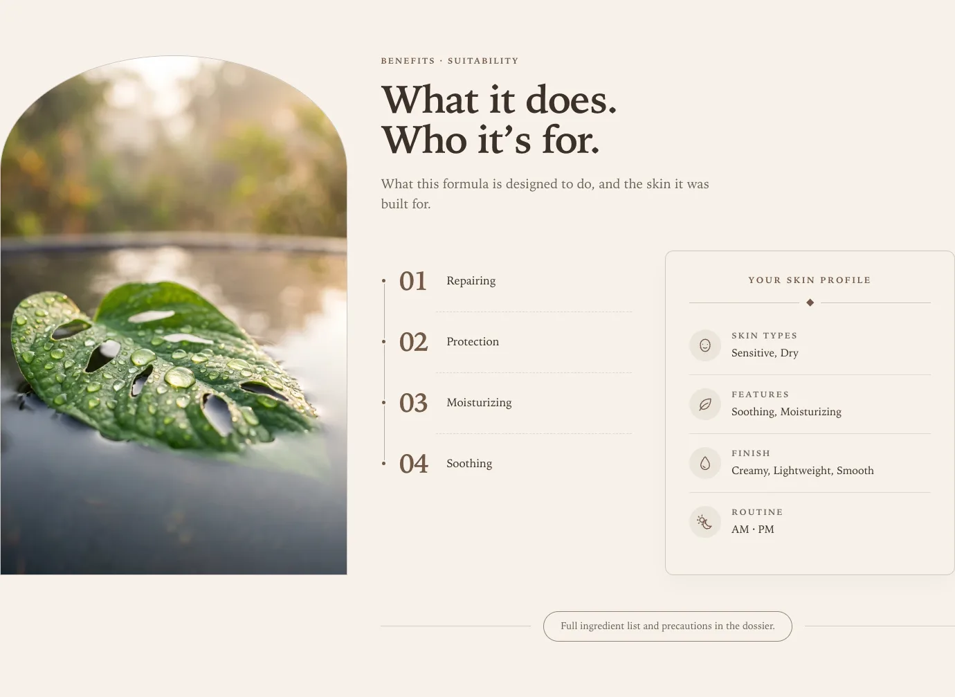 Benefits and suitability on desktop, with an arch-shaped image on the left, four numbered benefits in the middle, and a skin profile card on the right