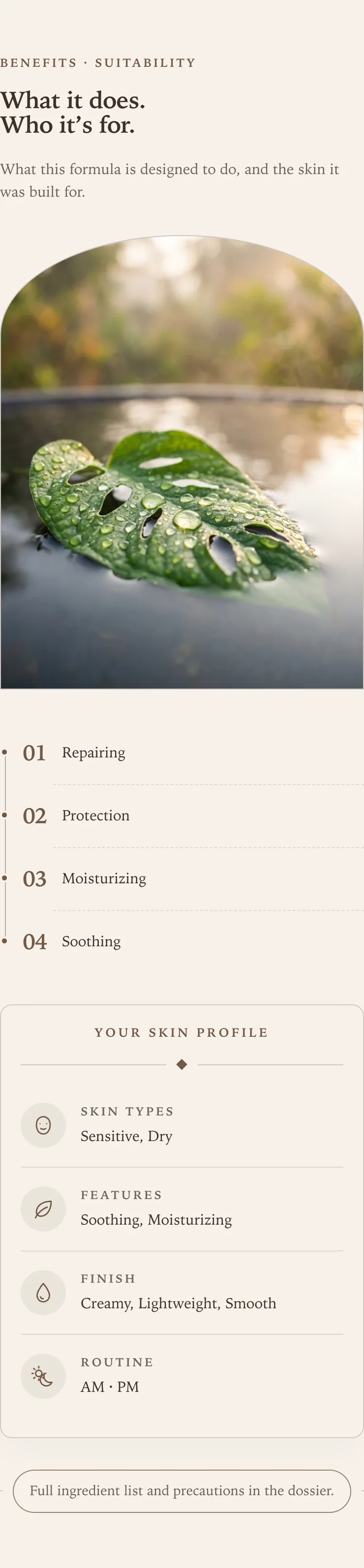 Benefits and suitability on a phone, with the heading above an arch-shaped image, the numbered benefits below it, and the skin profile card at the bottom