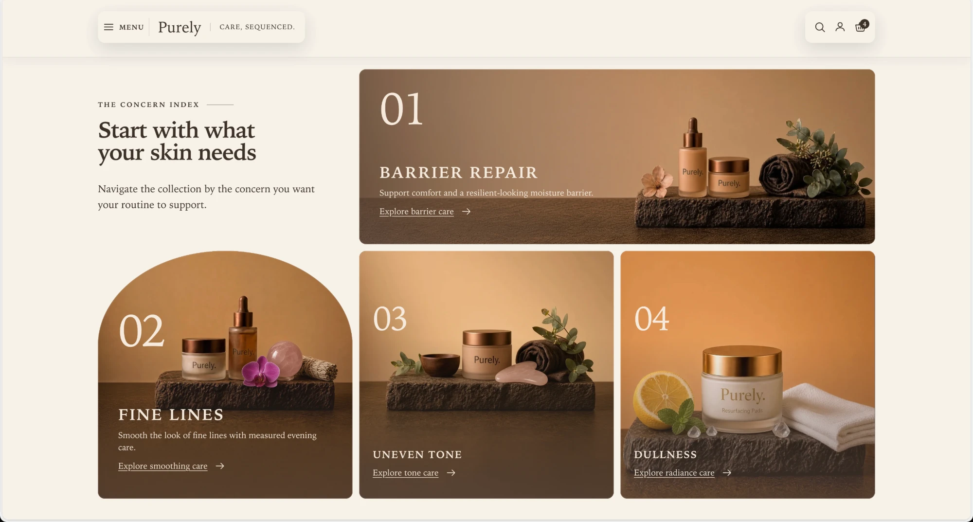 Shop by concern on desktop with four concerns: a wide first card, an arched tall second card, and two wider cards in the second row