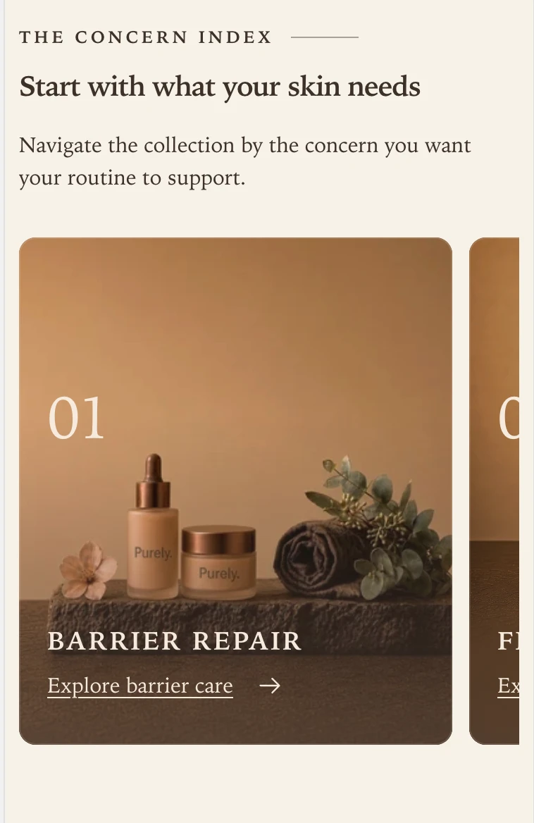 Shop by concern on a phone as a carousel, with the first card in view and the edge of the second card visible