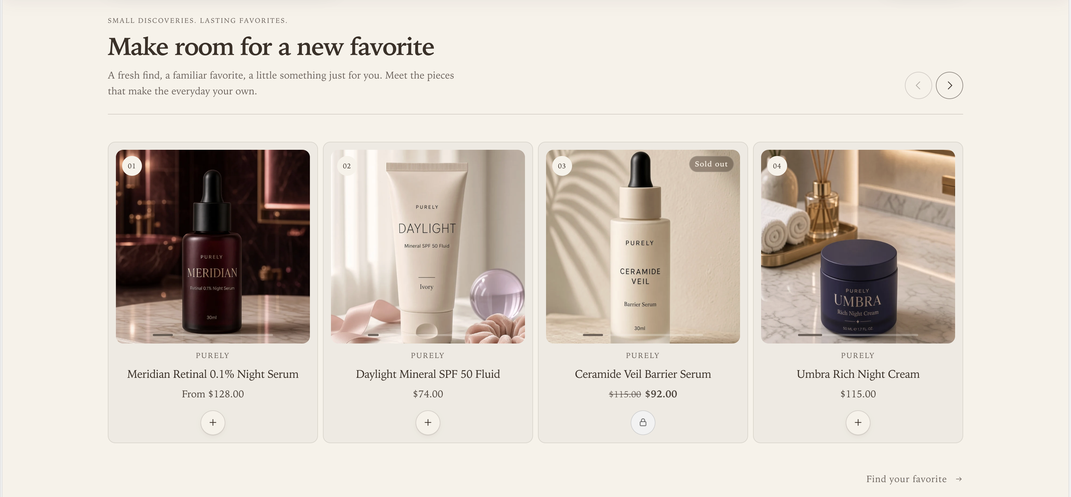 Featured collection desktop Product shelf with four Framed cards, each enclosed by a border and background