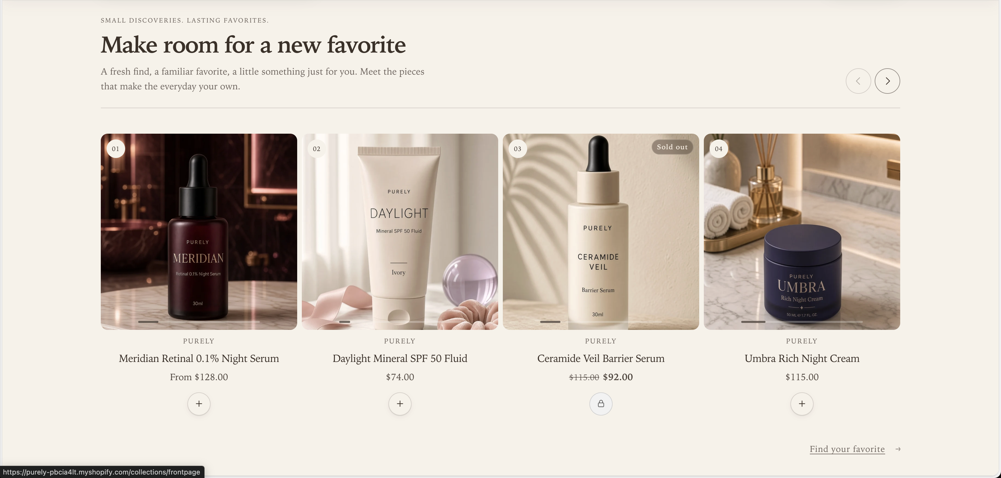 Featured collection desktop Product shelf with four Quiet cards, product numbers, centered product information, and navigation arrows