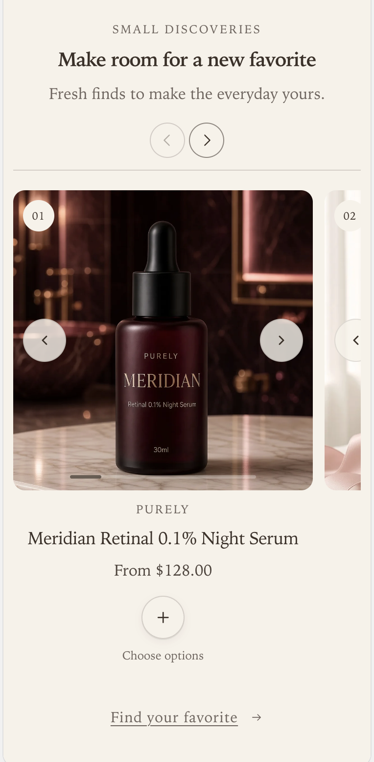 Featured collection mobile Swipe layout with One product per row, a large product image, and the next card partly visible