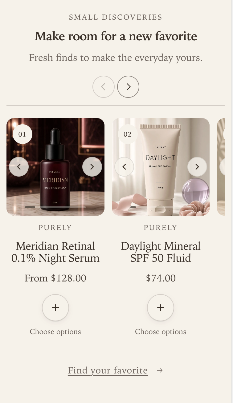 Featured collection mobile Swipe layout with Two products per row, visible Choose options actions, and a preview of the third card