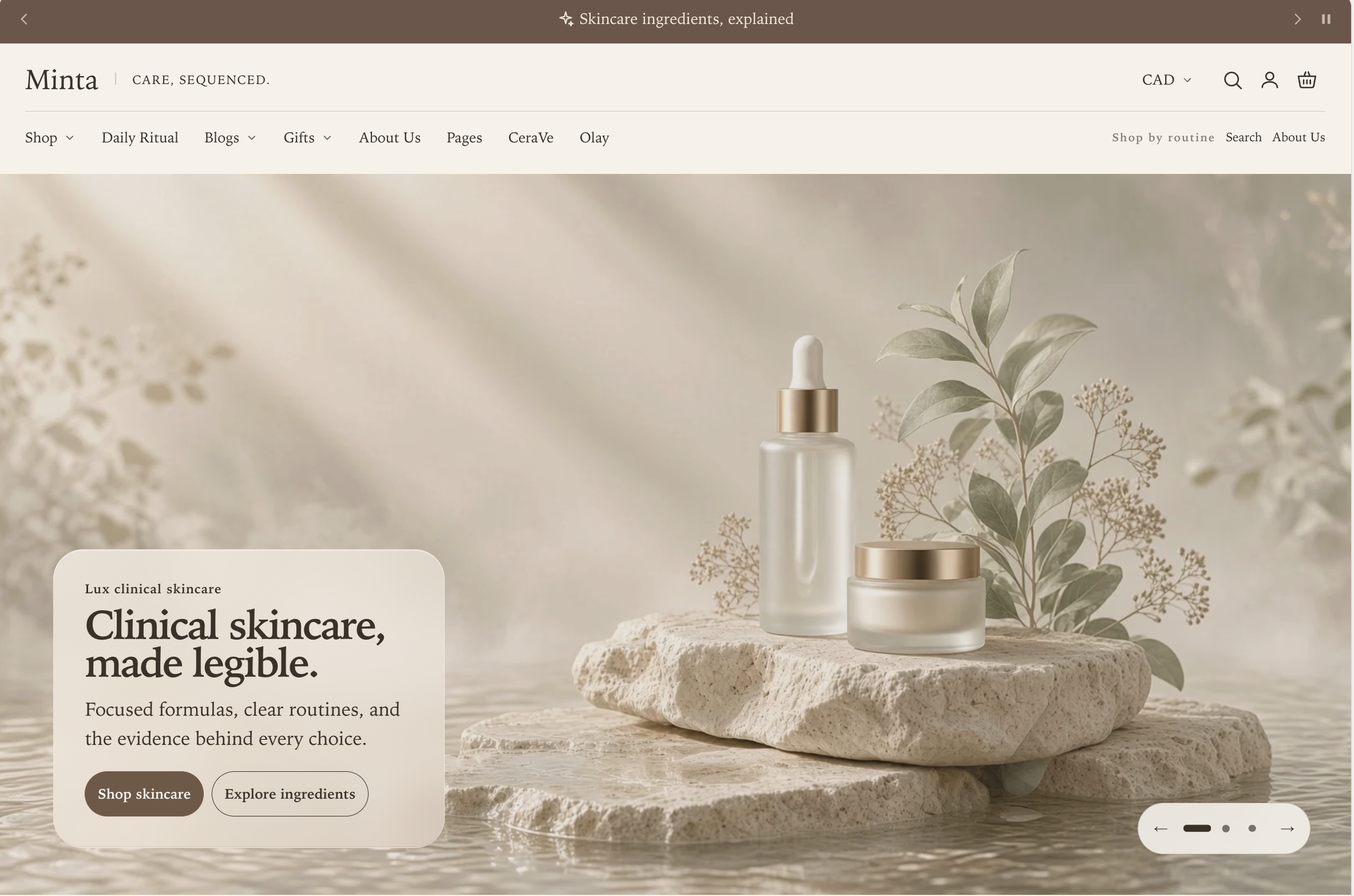Manifest storefront with a solid Fine outline navigation rail and routine links
