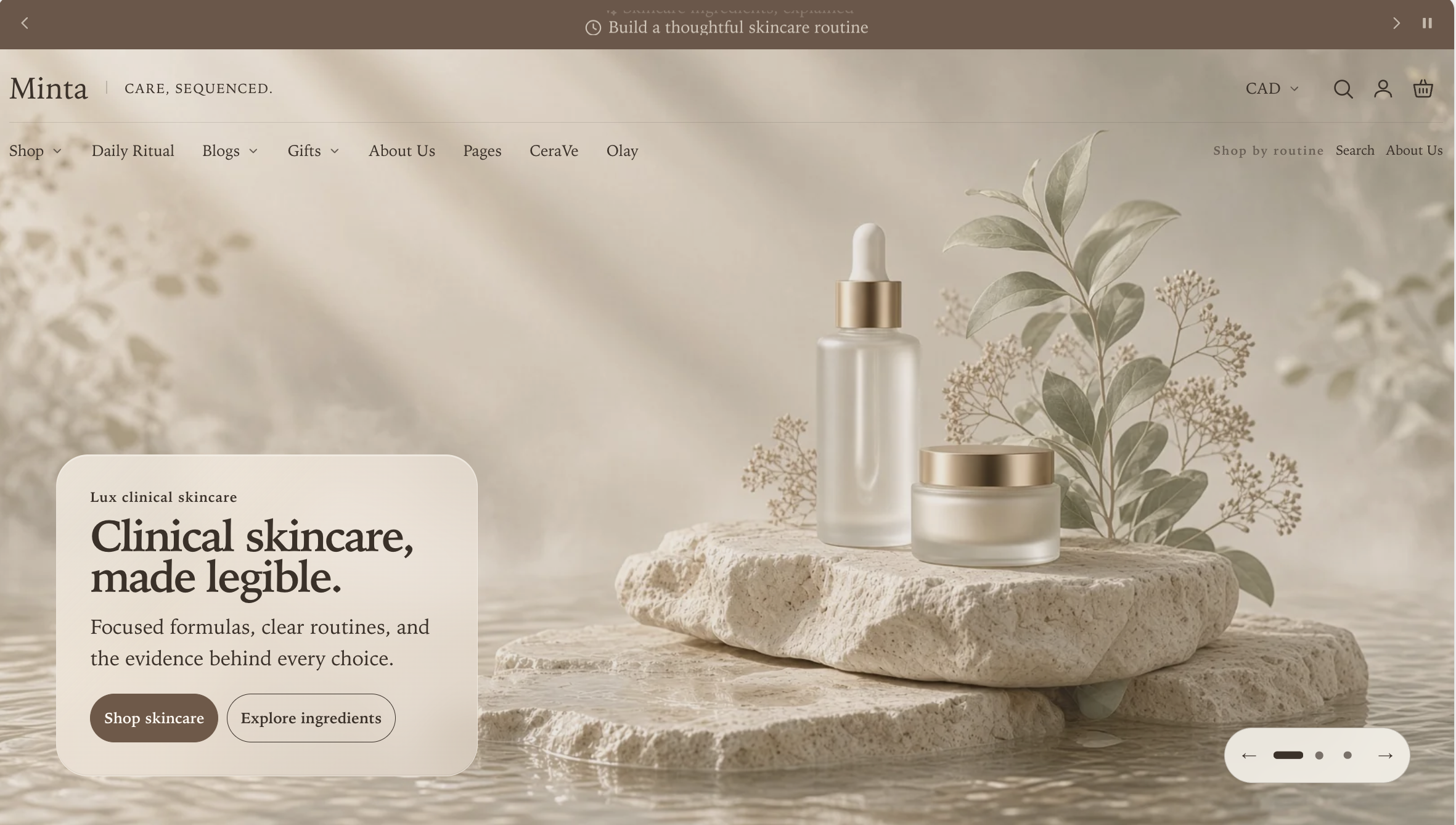 Manifest storefront with a transparent Fine outline navigation rail and routine links