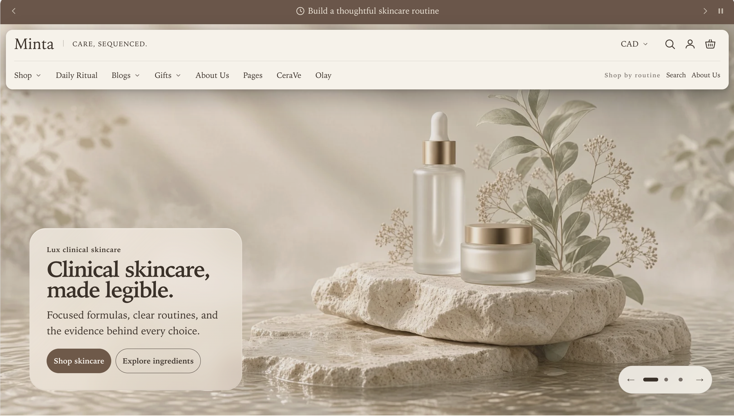 Manifest storefront with a solid editorial navigation rail and a separate Shop by routine group