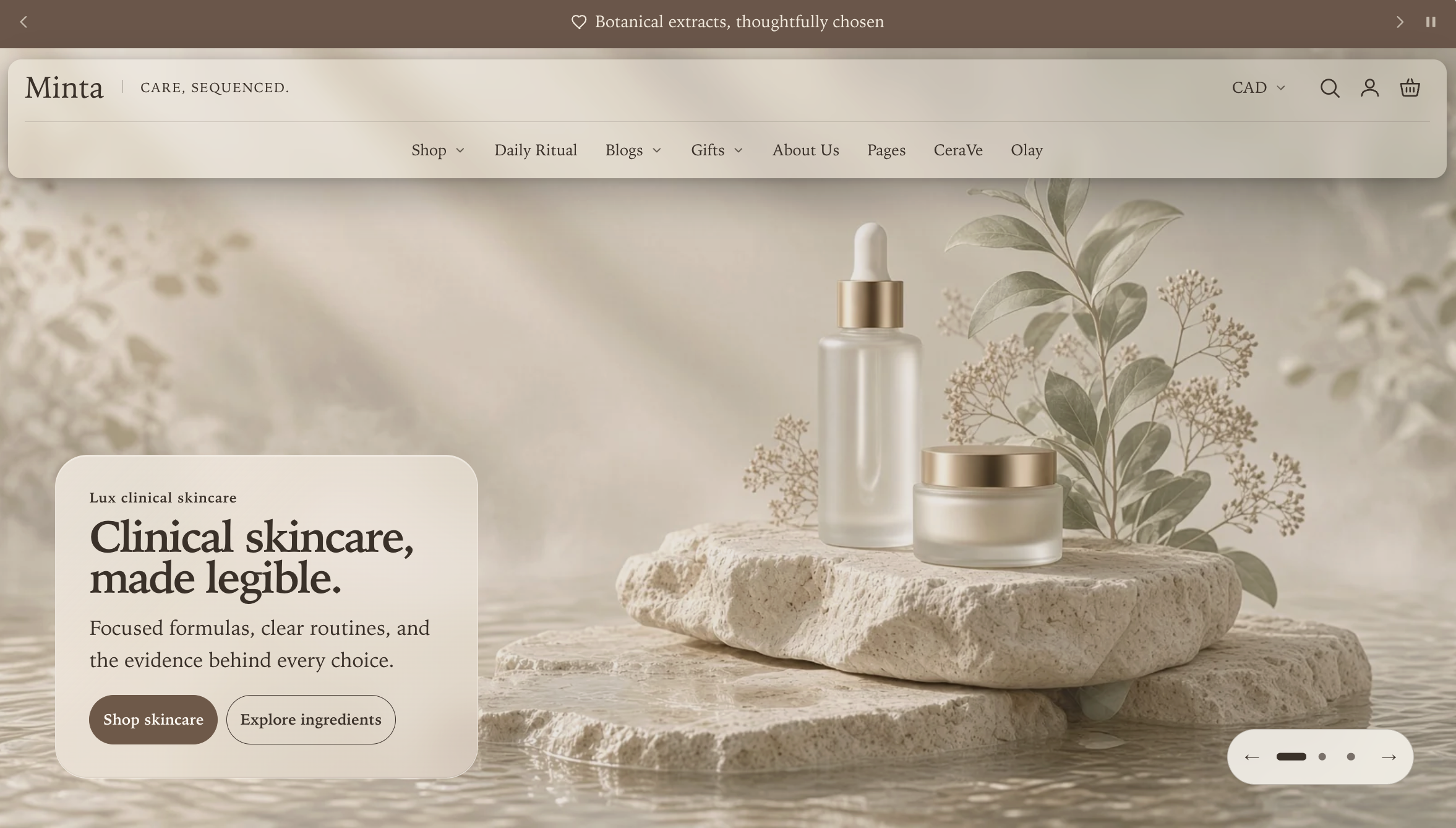 Manifest storefront with a transparent editorial navigation rail and no routine links