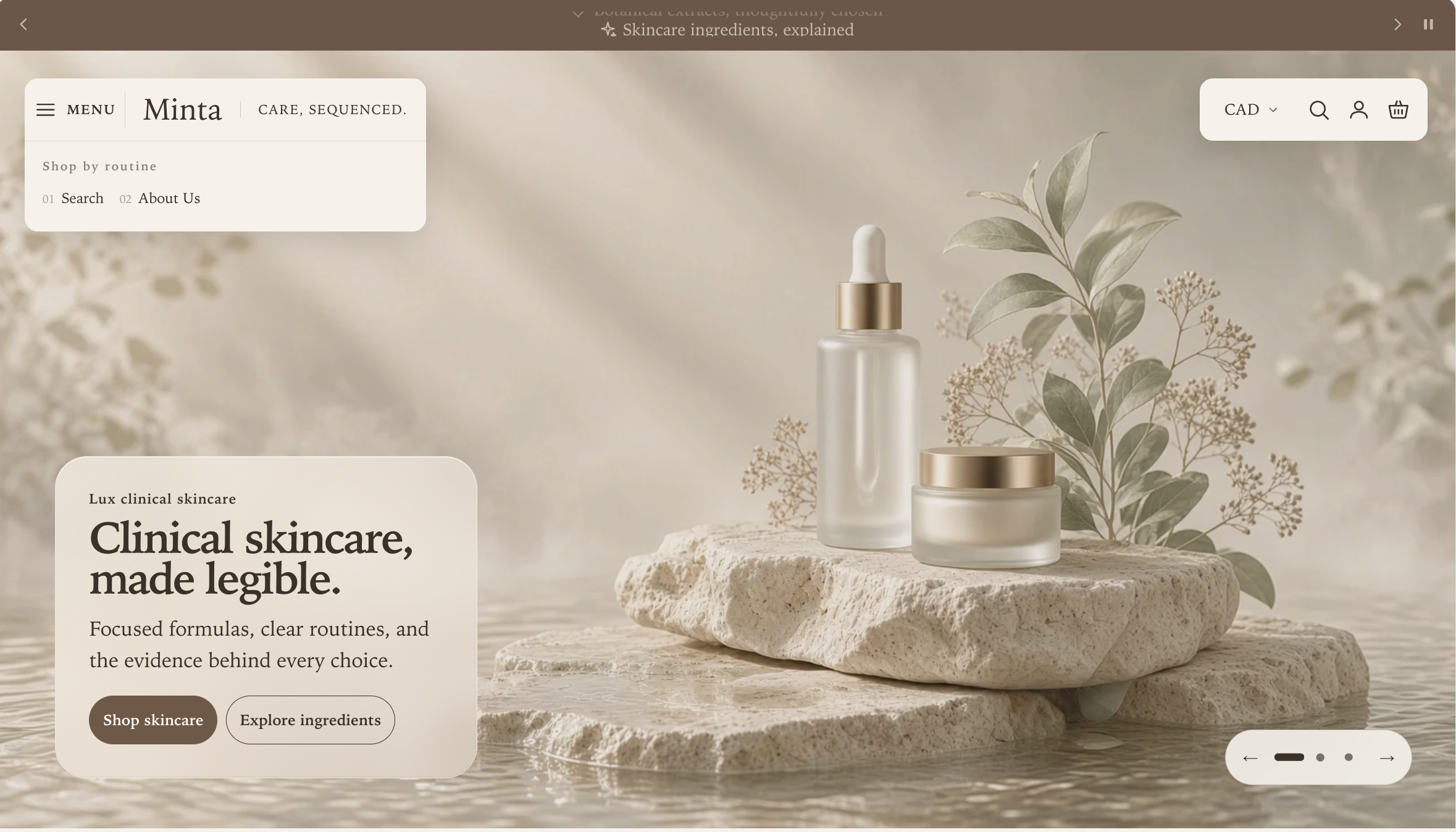 Manifest storefront with a solid Split dock header and an expanded routine-link group