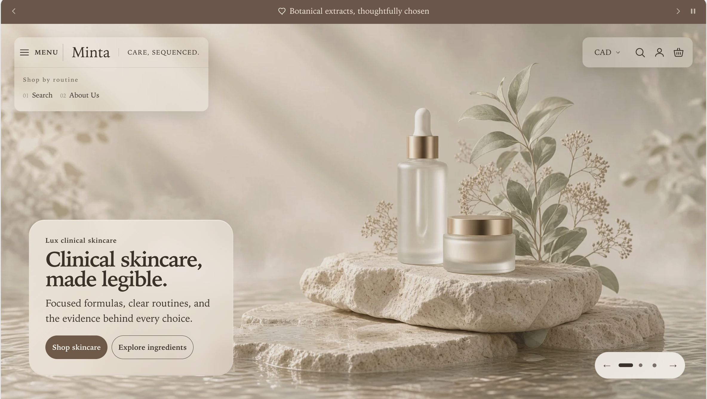 Manifest storefront with a transparent Split dock header and an expanded routine-link group