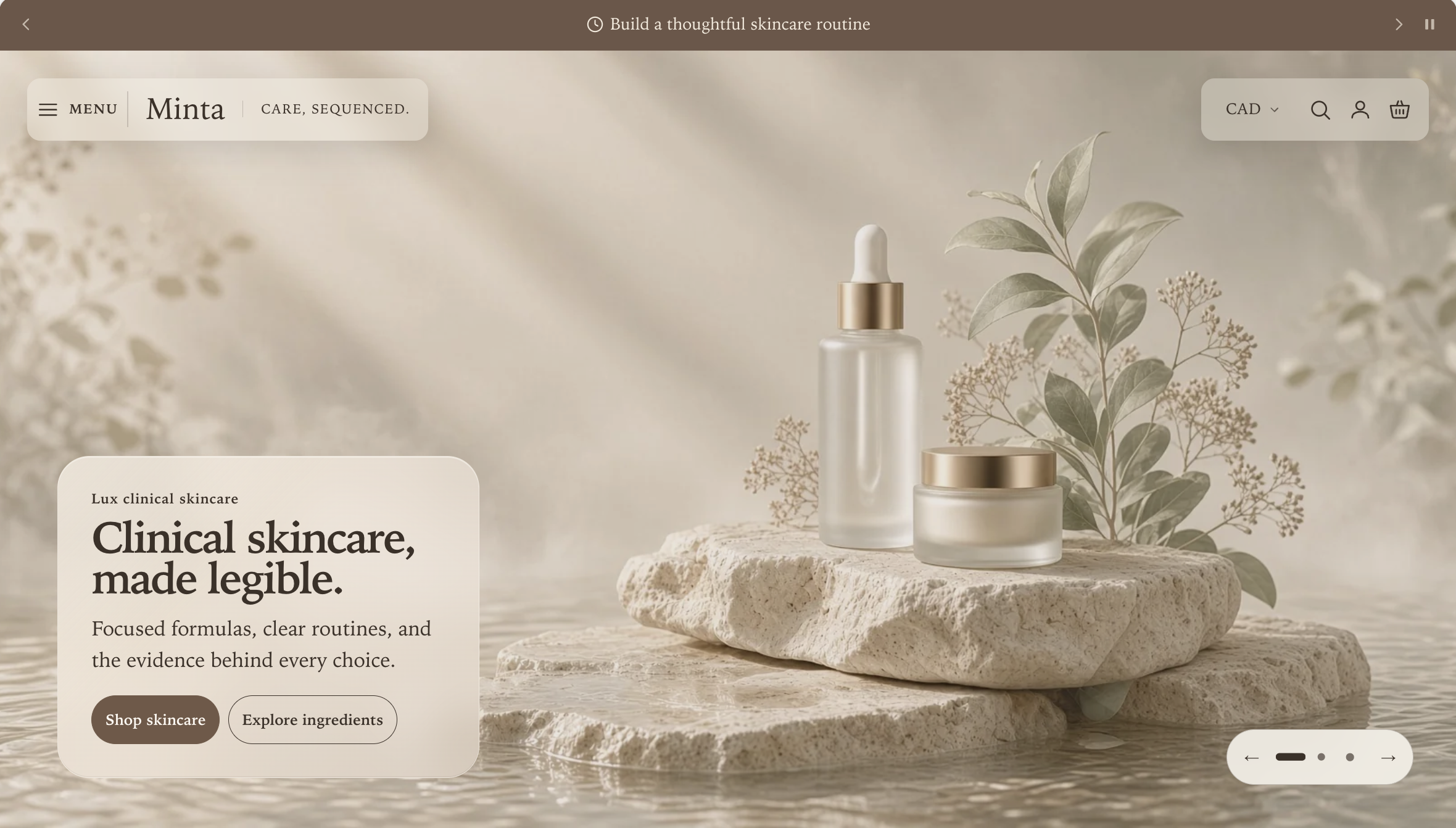 Manifest storefront with a transparent Split dock header and no routine links