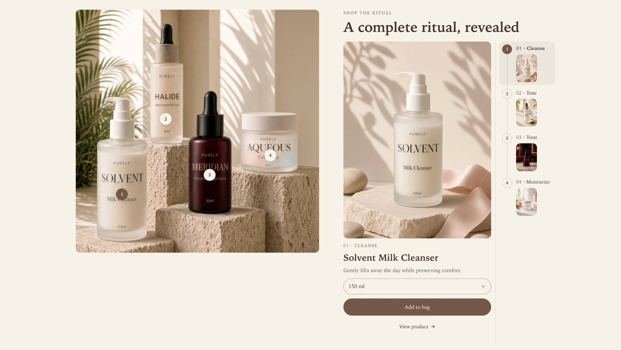 Shop the ritual on desktop, with a photograph of four products and numbered markers on the left, and the selected product's panel and the step list on the right